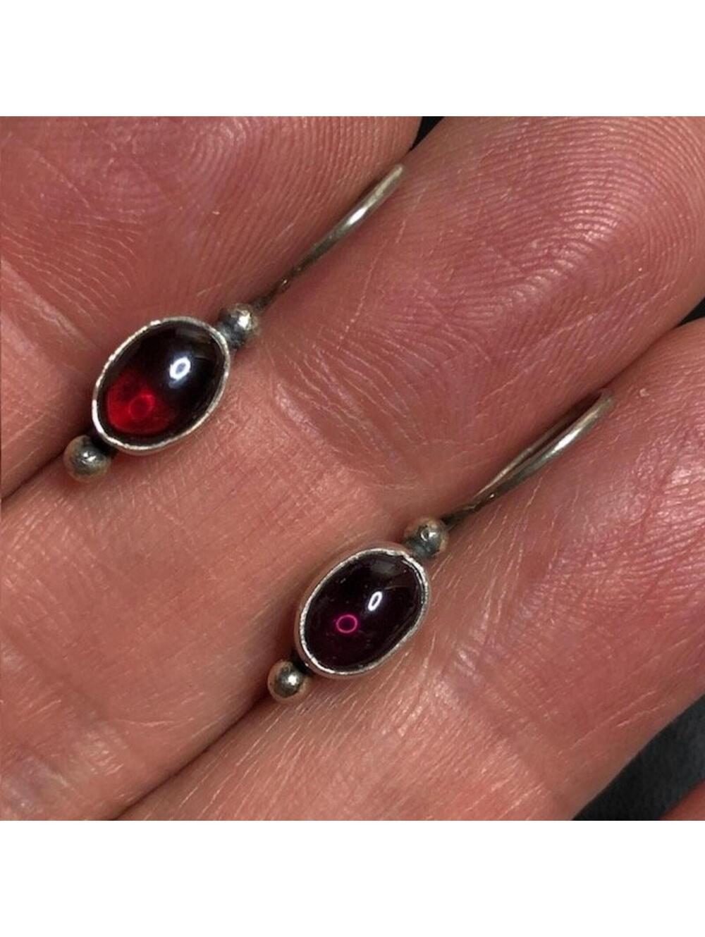 B1285 Sterling Silver Garnet Dangle Earrings French Hook Bezel Set Artisan 2g